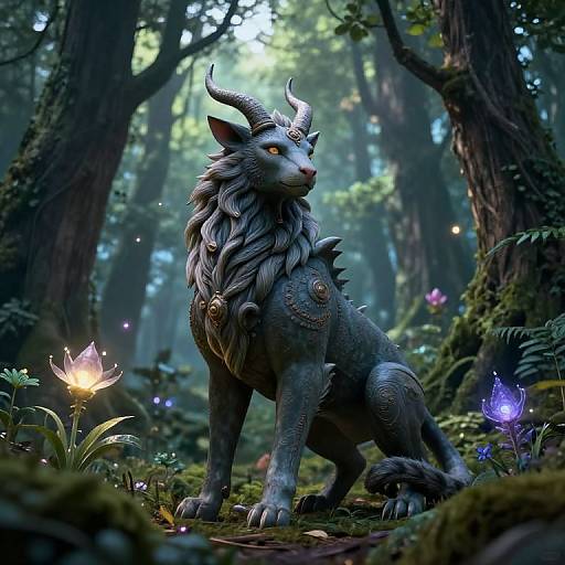 Digital fantasy artwork of a mythical, horned, blue-gray wolf with intricate patterns, glowing orange eyes, standing in a mystical forest with glowing flowers and