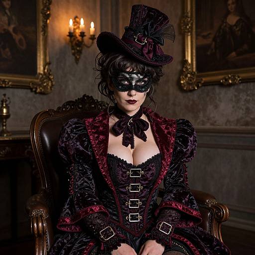 Photograph of a Victorian Gothic woman in a black lace mask, red and black corset dress with buckles, and dark velvet top hat, seated