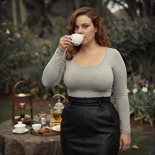 Photograph of a curvy woman with fair skin and red curly hair, wearing a gray long-sleeve top and black leather skirt, sipping