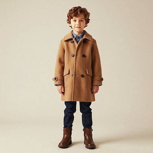 Little Boy in Brown Coat and Boots