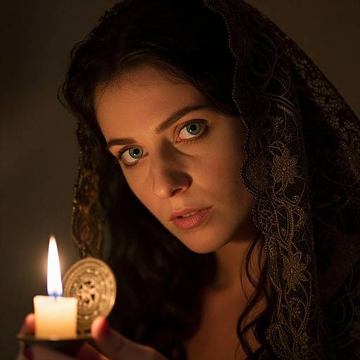 Photograph of a woman with blue eyes, dark wavy hair, and lace headscarf, holding a lit candle, against a dark background.