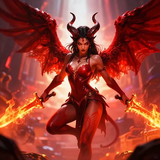 Digital artwork of a fierce, dark-skinned demoness with red wings, black horns, and fiery swords, standing amidst a blazing, fiery background.