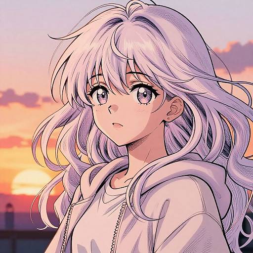 Digital anime-style drawing of a young woman with long, wavy white hair, large purple eyes, and a white hoodie, against a vibrant sunset background