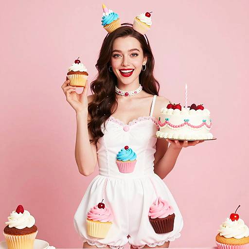Woman in Cupcake Costume Holding Birthday Cake