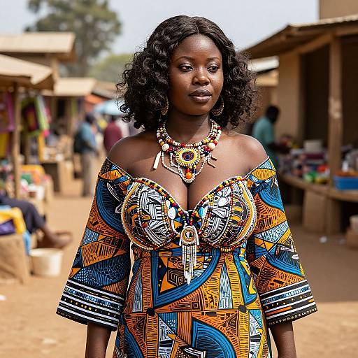 Photograph of a dark-skinned African woman with curly hair, wearing a colorful, patterned off-shoulder dress and intricate necklace, standing in