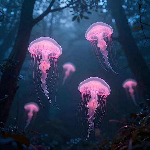 Photograph of glowing pink jellyfish floating in a dark, misty forest, illuminated by ethereal blue light, with blurred background trees.