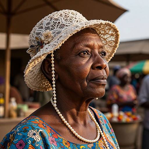 Photograph of an elderly African woman with dark skin, wearing a white lace hat, pearl necklace, and floral-patterned blue dress, standing outdoors at