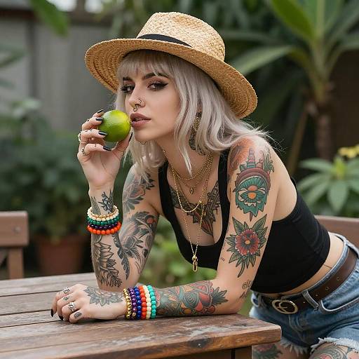 Tattooed Woman with Straw Hat