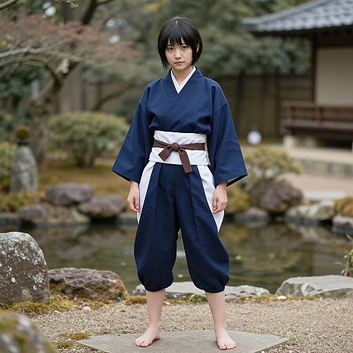 Photograph of an Asian girl with short black hair, wearing a navy blue kimono with a white belt, standing barefoot in a traditional Japanese garden