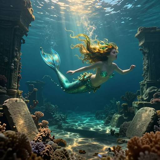 Photorealistic digital artwork of a glowing mermaid with long, flowing blonde hair, swimming between ancient, sunlit underwater ruins, surrounded by colorful cor