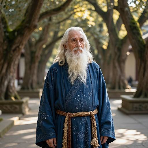 Photograph of an elderly man with long white hair and beard, wearing a blue embroidered robe with a brown rope belt, standing in a sunlit,