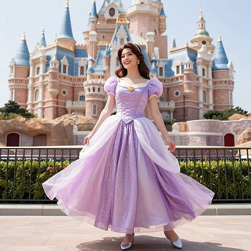 Photograph of a smiling woman in a sparkling lavender princess dress, standing in front of a colorful, blue-roofed castle.