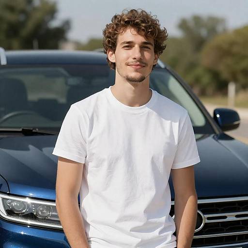 Young Man Leaning on Blue SUV