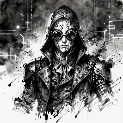 Digital black-and-white drawing of a hooded figure with round glasses, wearing a detailed, tech-inspired jacket, against a chaotic, circuit-like background.
