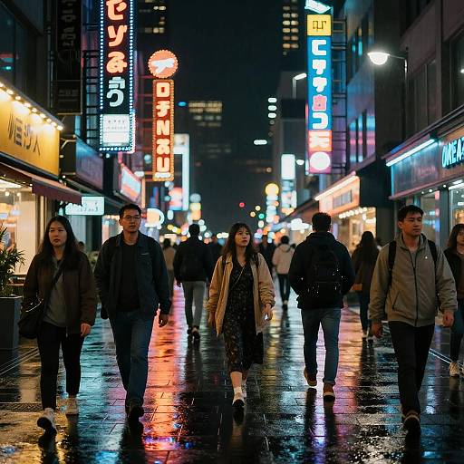 Nighttime photograph of a busy, wet urban street with neon signs, people walking, reflections on the pavement, and vibrant city lights.