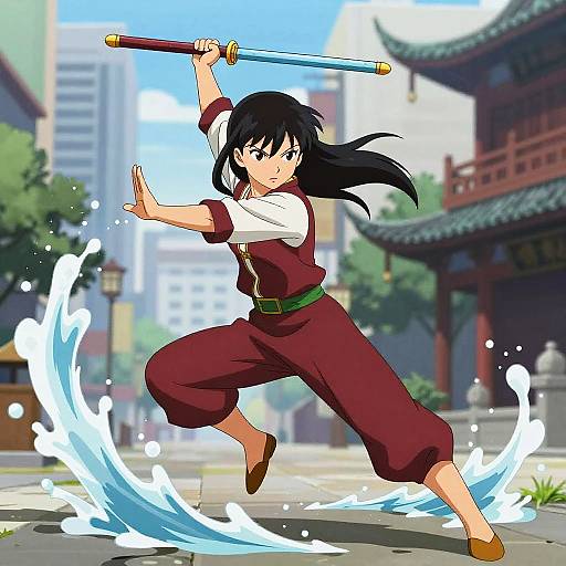 Digital anime-style drawing of a black-haired girl in maroon ninja outfit, holding a sword, leaping with water splashes in a traditional Asian street