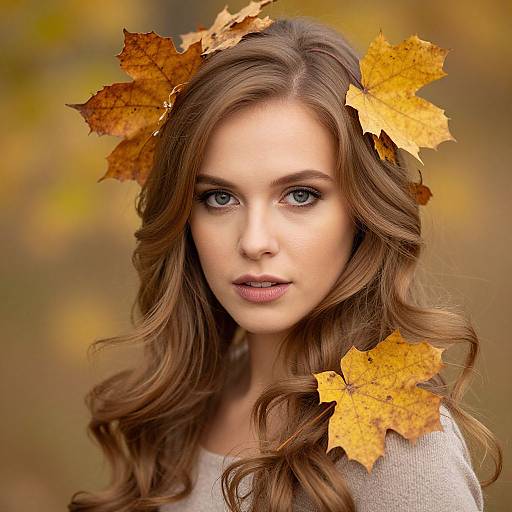Photograph of a young woman with long, wavy brown hair adorned with yellow autumn leaves, blue eyes, and a neutral expression, wearing a white
