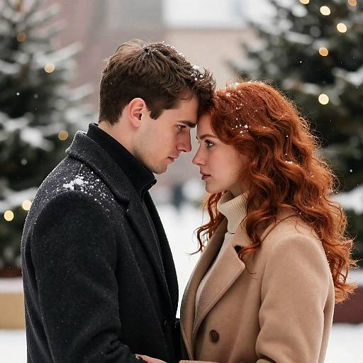 Couple Sharing Intimate Moment in Snowy Winter Setting