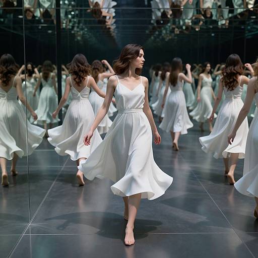 Photograph of a brunette woman in a flowing white dress, dancing in a mirrored room, surrounded by multiple reflections of herself.