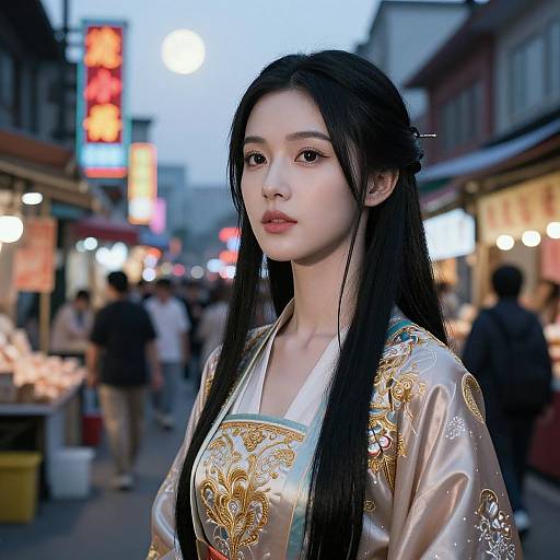 Photograph of an East Asian woman with long black hair, wearing an ornate silver and gold kimono, standing in a bustling evening street market with