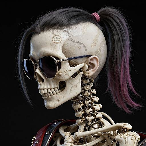 Digital artwork of a skull with dark purple ponytail, sunglasses, and exposed spine, adorned with tattoos and metallic jewelry, against a black background.