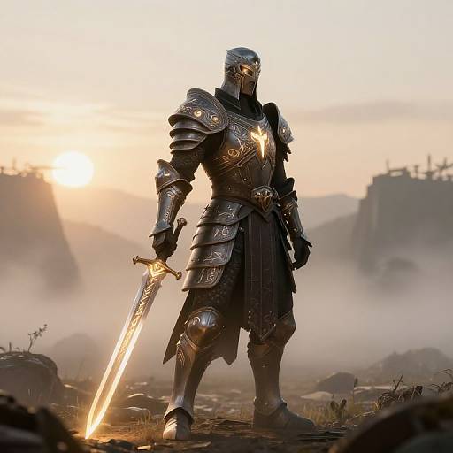Photorealistic digital art of a muscular knight in shining, ornate black armor holding a glowing sword, standing in a misty, sunlit battlefield