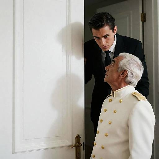 Young Man in Suit and Older Man in Military Jacket at Doorway