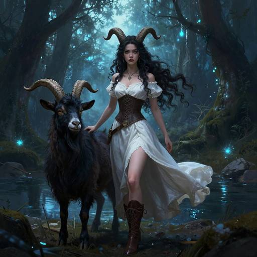 Mystical Horned Woman in Enchanted Forest