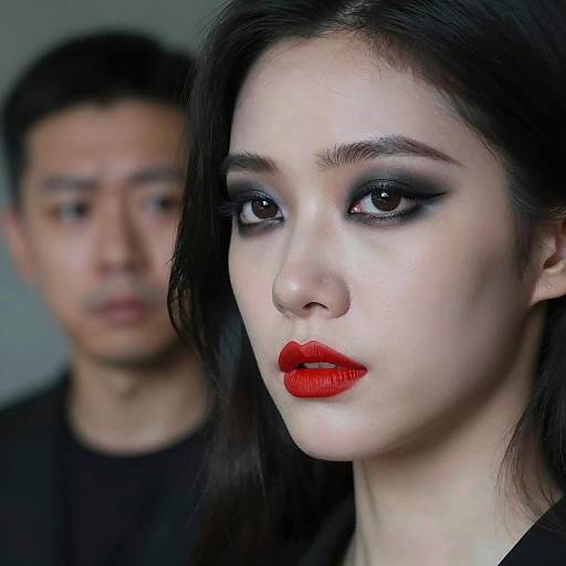 Close-up of Woman with Dramatic Makeup and Man in Background