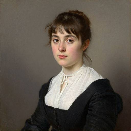 Photorealistic painting of a young Caucasian woman with fair skin, brown hair in a bun, wearing a white blouse and black dress, against a gray