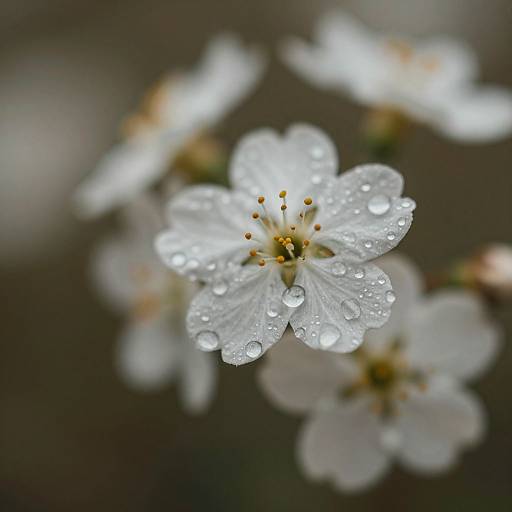 Close-up photograph of white cherry blossom petals with dewdrops, blurred background, dark tones; delicate, soft texture, natural beauty.