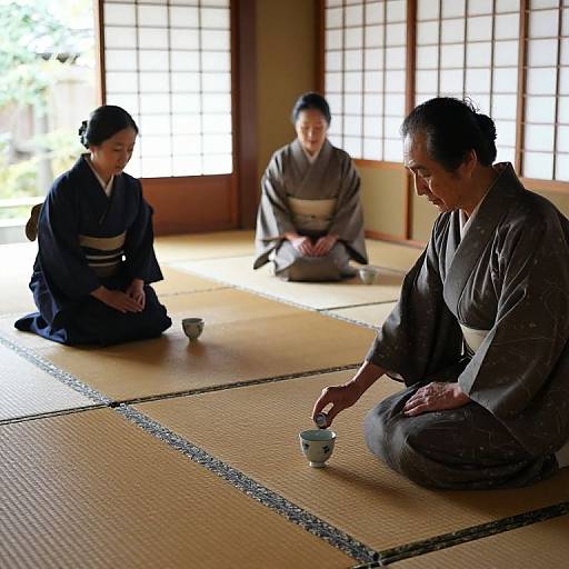 Three Japanese women in traditional kimonos, seated on tatami mats, sipping green tea in a sunlit traditional room with shoji screens.