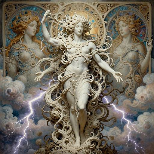 Photograph of a detailed, classical-style statue depicting a central, radiant, winged deity with flowing hair and lightning bolts, flanked by two serene