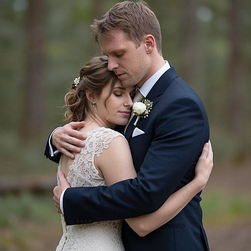 Photograph of a couple in a forest, embracing tenderly; the bride in a white lace dress, the groom in a black suit, with white