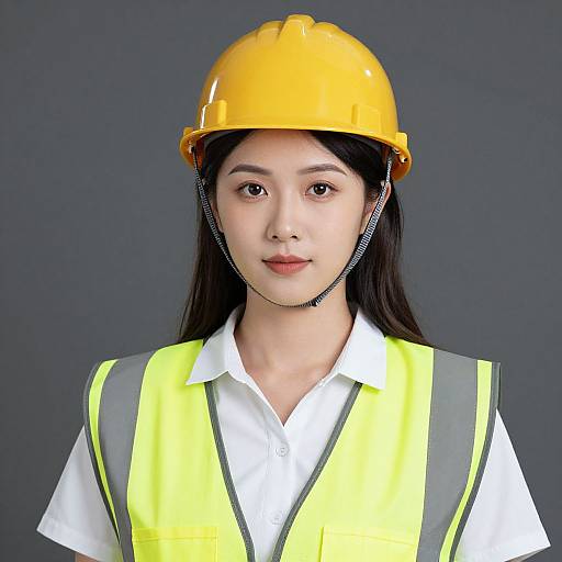 Photograph of an Asian woman with long black hair, wearing a yellow hard hat, white shirt, and yellow safety vest, against a dark gray background