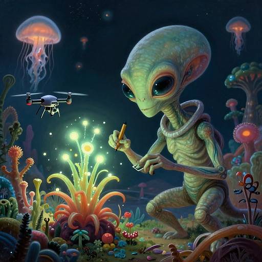 Alien Botanist Examining Glowing Flora
