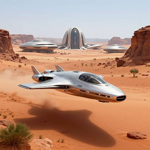 Photorealistic digital artwork of a futuristic silver jet flying over a desert landscape with three UFO-like structures in the background.