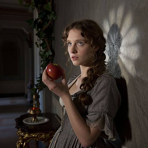 Photograph of a young woman with wavy brown hair in a braid, wearing a gray, textured dress, holding a red apple, standing against