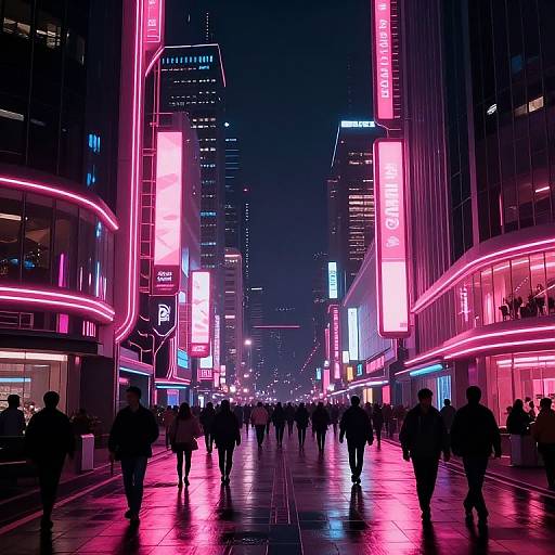 Neon-lit urban night scene photograph: bustling city street with glowing pink and blue signs, reflections on wet pavement, silhouetted pedestrians.