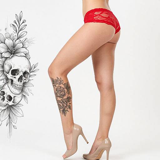 Photograph of a woman's legs in red lace panties and nude high heels, showcasing a detailed rose tattoo on her right calf, next to a black
