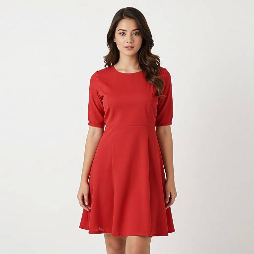 Photograph of a young woman with long dark hair wearing a bright red, short-sleeved, knee-length dress, standing against a plain white background