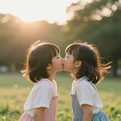 Photograph of two young Asian girls with dark brown hair, wearing white shirts and pink and blue pinafores, kissing in a sunlit,
