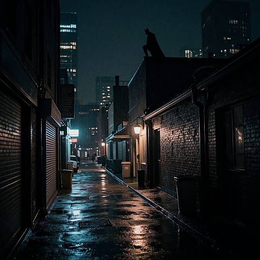 Photograph of a rainy, dimly lit urban alley at night, with wet, reflective pavement, illuminated street lamps, and tall city buildings in the