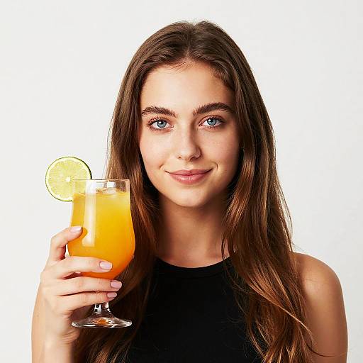 Photograph of a young woman with long brown hair, blue eyes, and fair skin, smiling while holding an orange cocktail with a lemon slice in a
