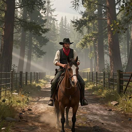 Young Gunslinger on Horseback in Misty Forest