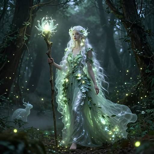 Fantasy digital artwork of a glowing, ethereal forest fairy with long white hair, wearing a leafy, luminous dress, holding a magical staff