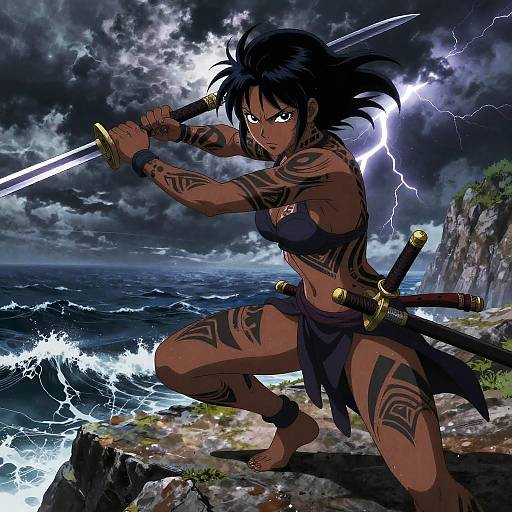 Anime Black Woman Warrior on Cliff