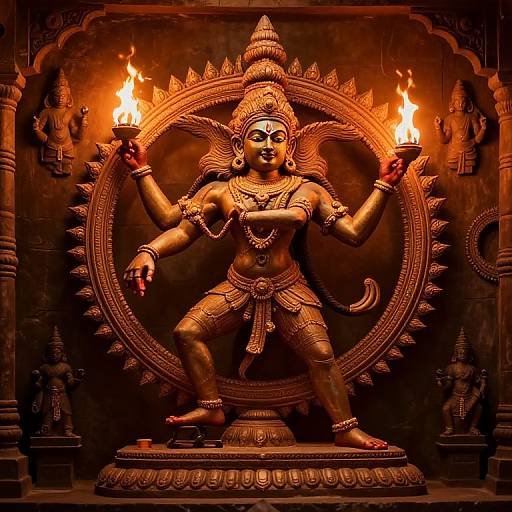 Photograph of a detailed, bronze statue of a Hindu deity with six arms, holding torches, adorned with jewelry, standing on a circular pedestal,