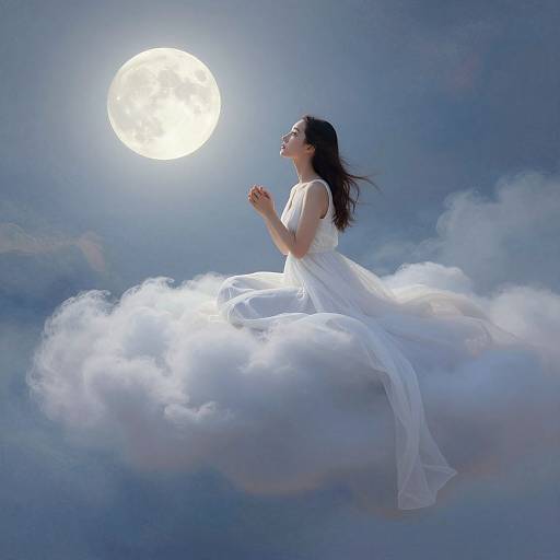 Photograph of a woman with long dark hair in a flowing white dress, floating on a cloud, gazing at a bright full moon in a blue