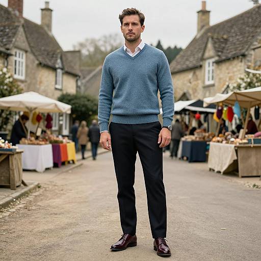 Photograph of a handsome, bearded man in a blue sweater, white shirt, black pants, and brown shoes, standing in a quaint, outdoor
